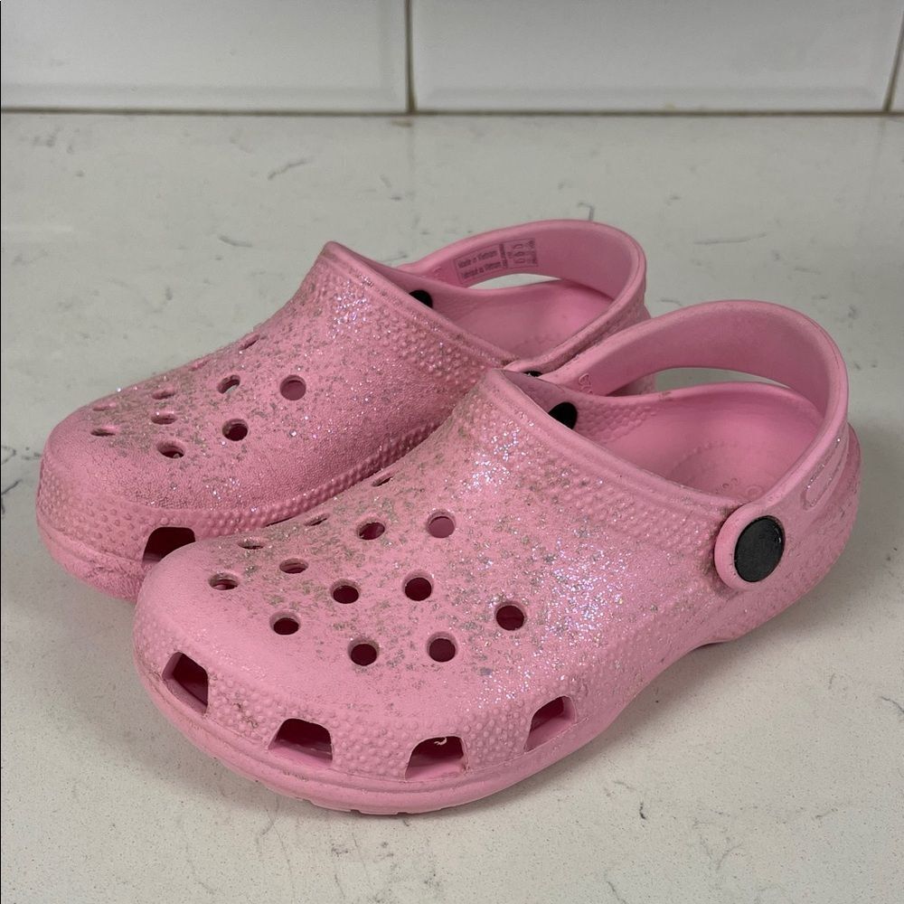 CROCS Unisex-Child Classic Glitter Clogs Kids Sparkly Flamingo Pink Size 12